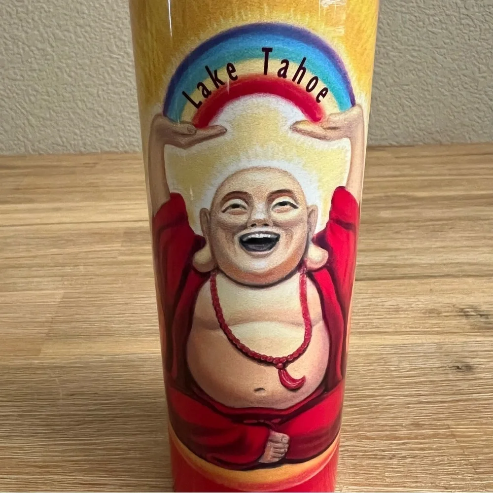 Lake Tahoe Laughing Buddha Travel Tumbler Souvenir – Colorful Design, 16 oz - Picture 3 of 9